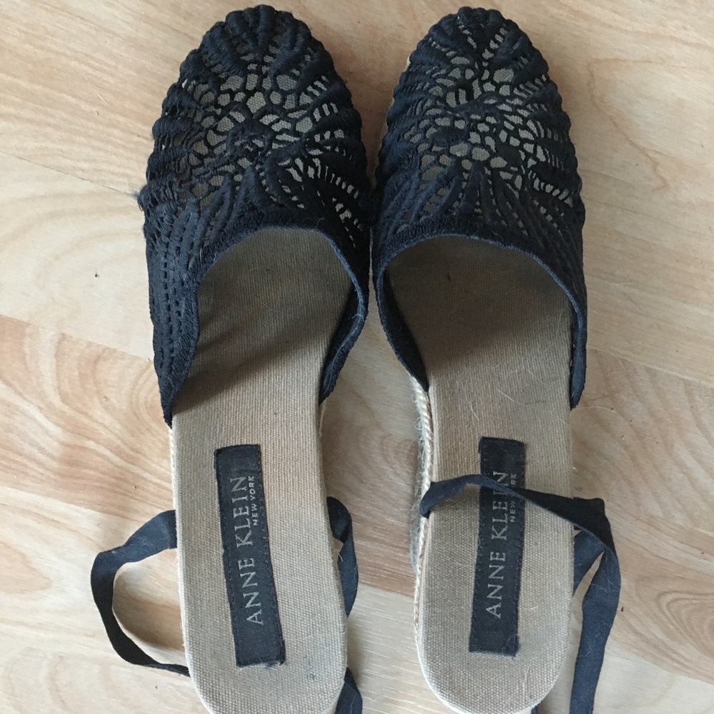 Black lace espadrilles with long wrap ankle ties